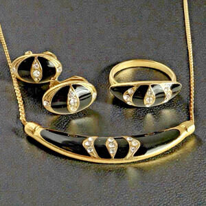 Art Deco Revival Rhinestone Black Enamel Matching Set Necklace Earrings Ring